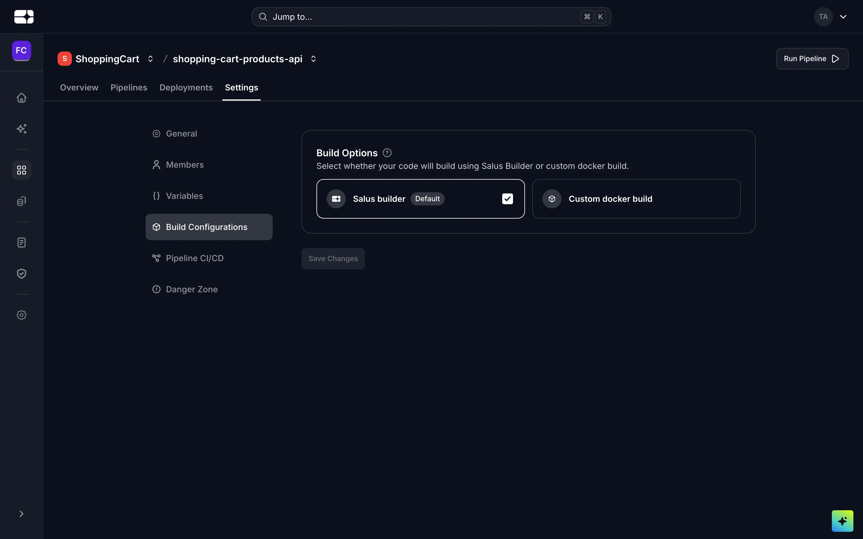 Build Configurations in project settings, with install, build and test commands and the output directory.