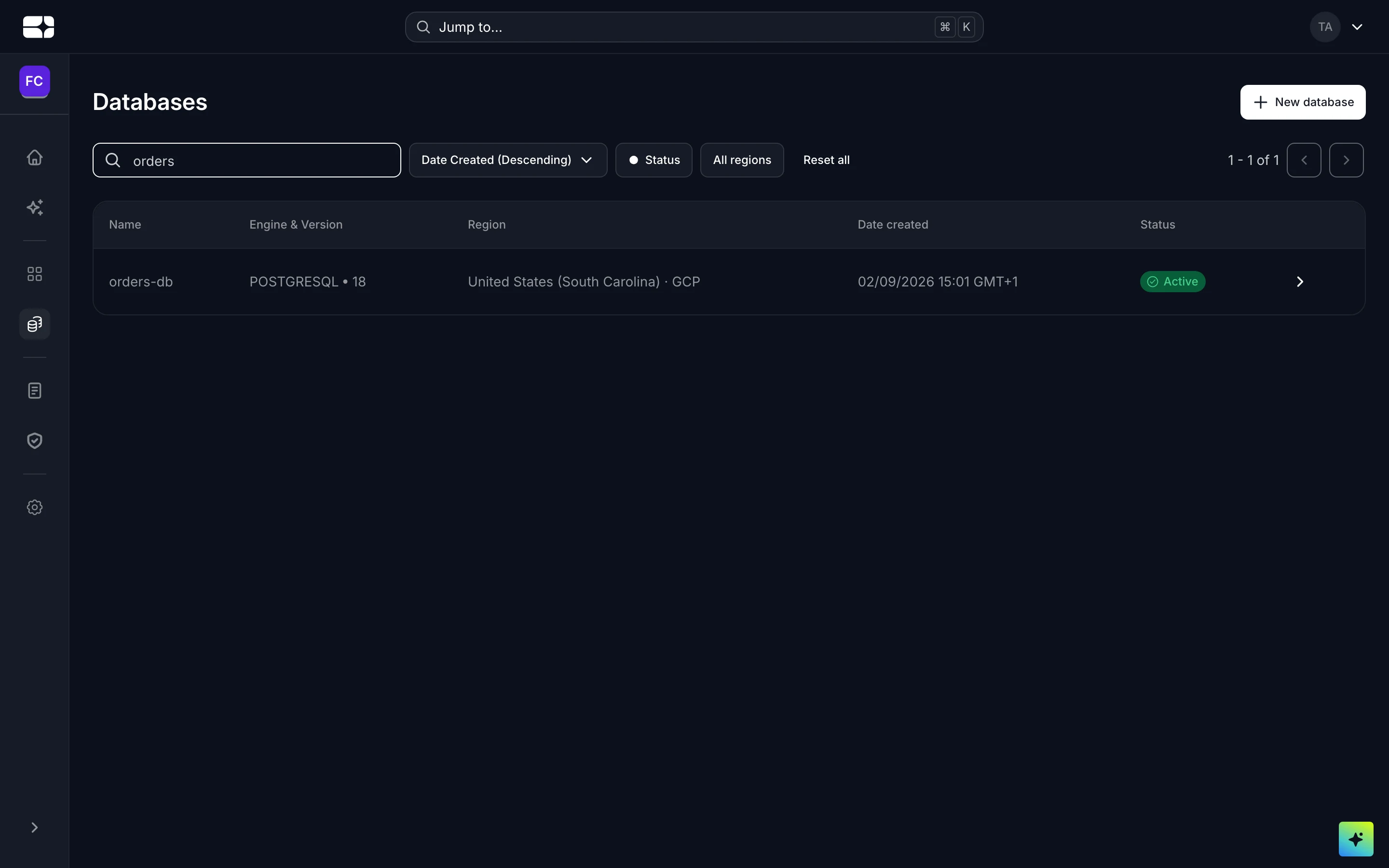 The Databases list showing an instance's engine version, region, creation date and status.