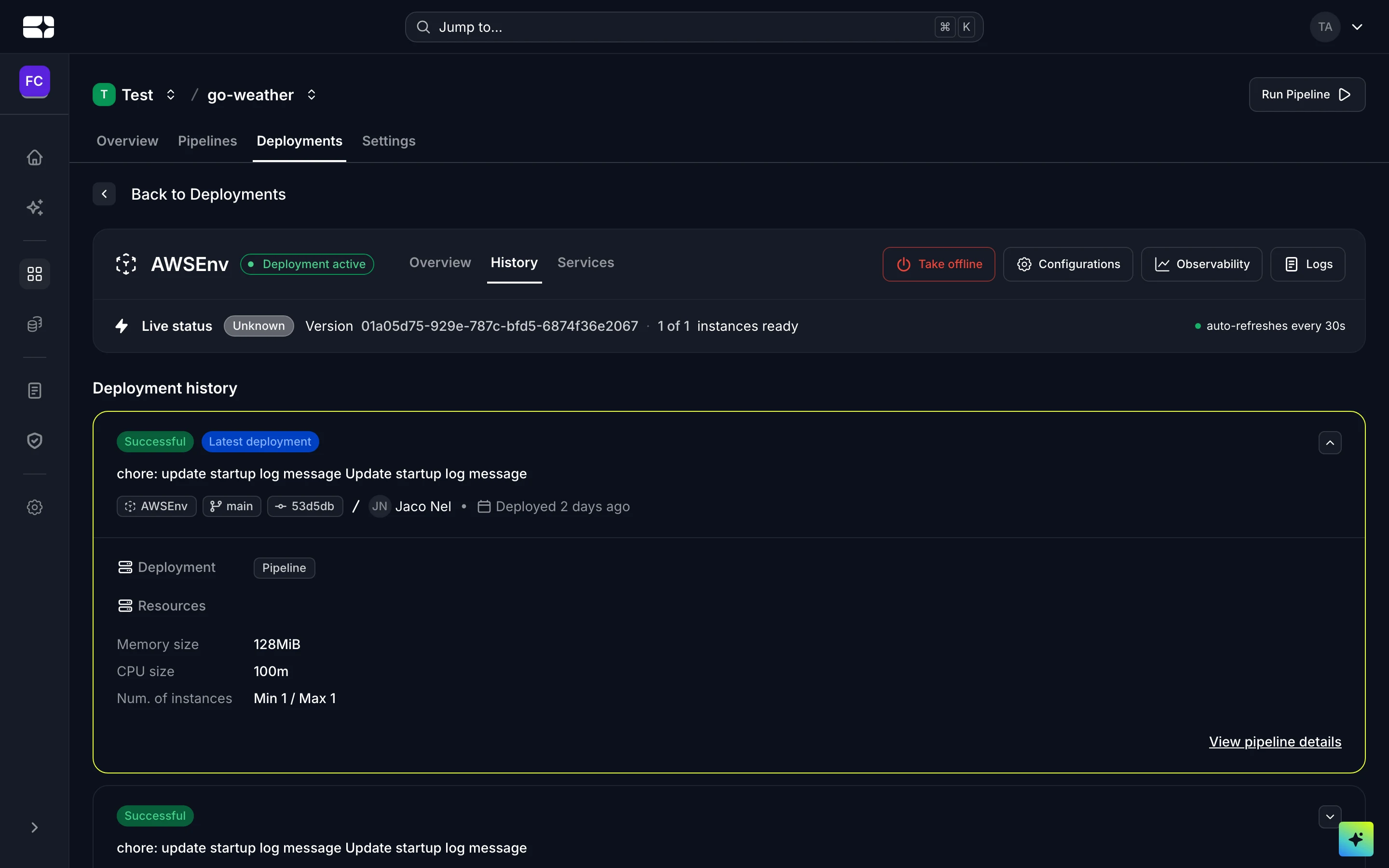 Deployment history for an environment, showing a revision's commit, deployment type and resources.