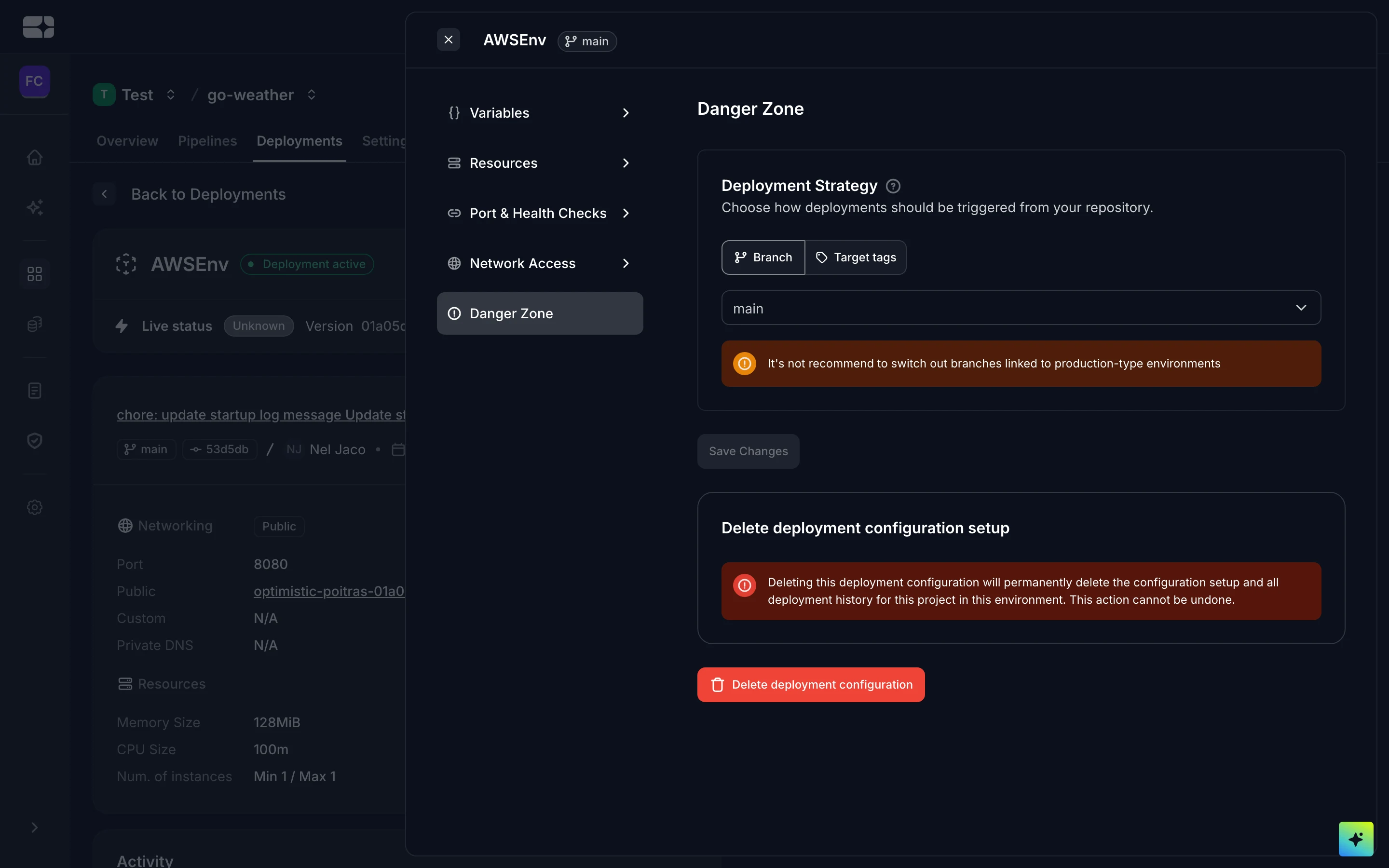 The Danger Zone: deployment strategy with a branch selector, and delete deployment configuration.