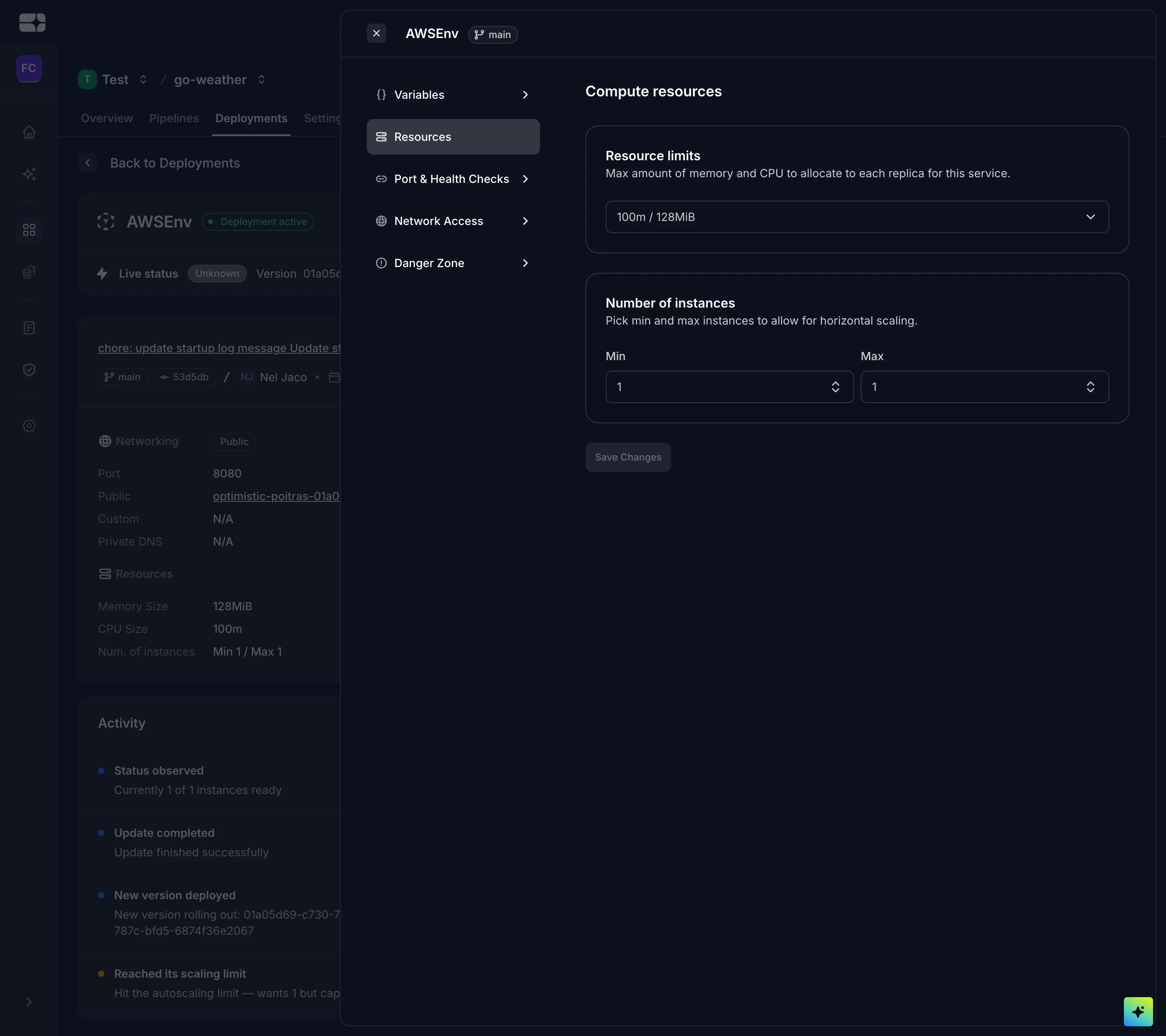 Compute resources settings for an environment: resource limits and minimum and maximum instances.