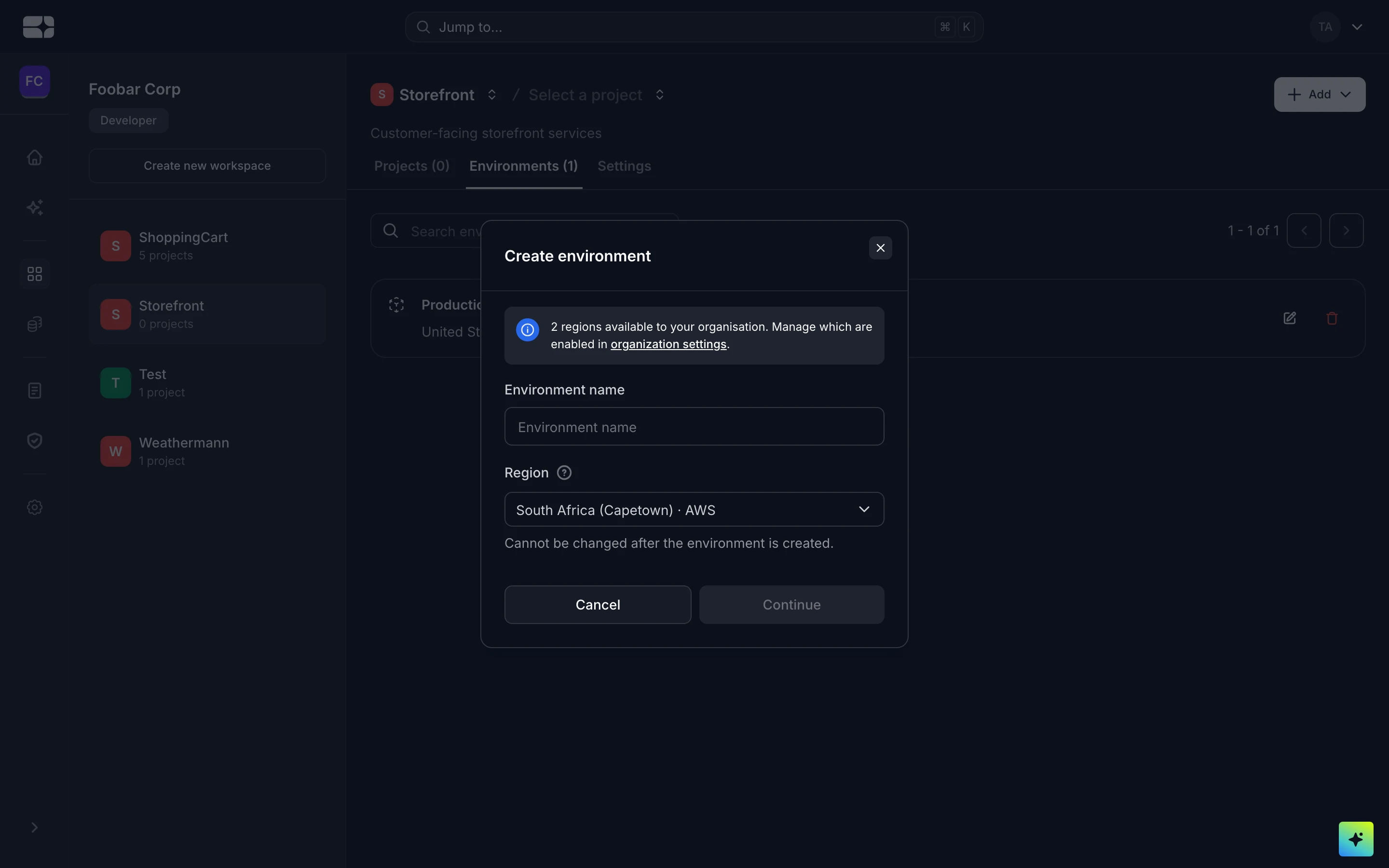 The Create environment dialog with a name field and a region selector showing the organization default.