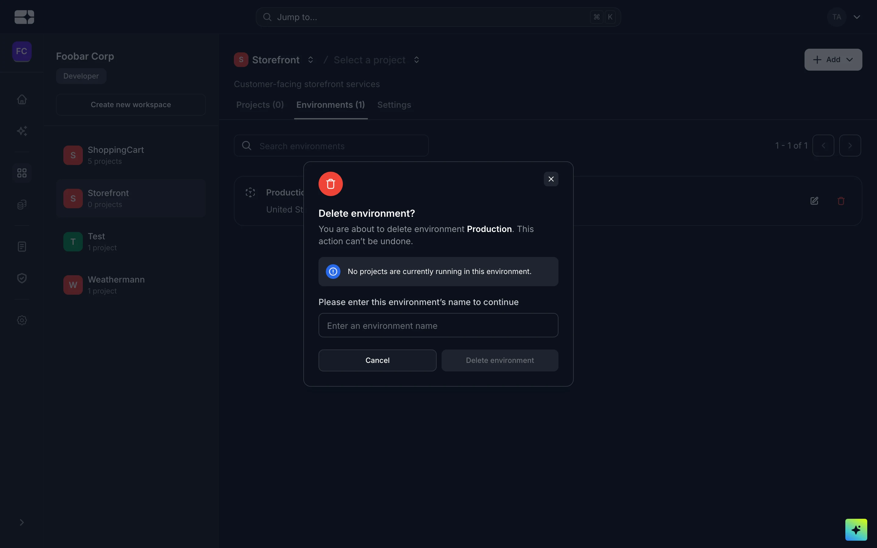 The delete environment dialog, reporting no running projects and requiring the environment name to continue.