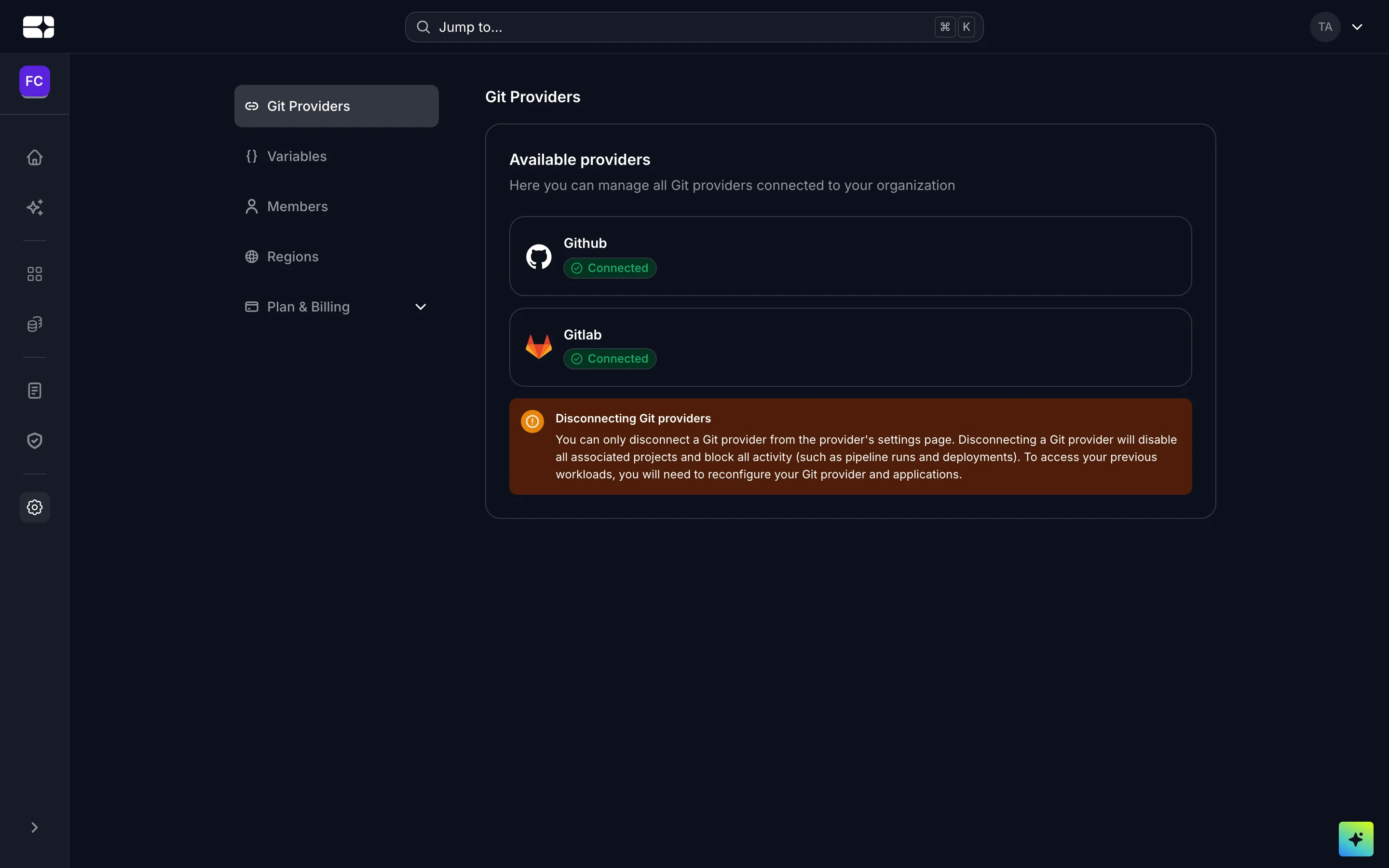 The Git Providers page listing GitHub and GitLab with their connection status.