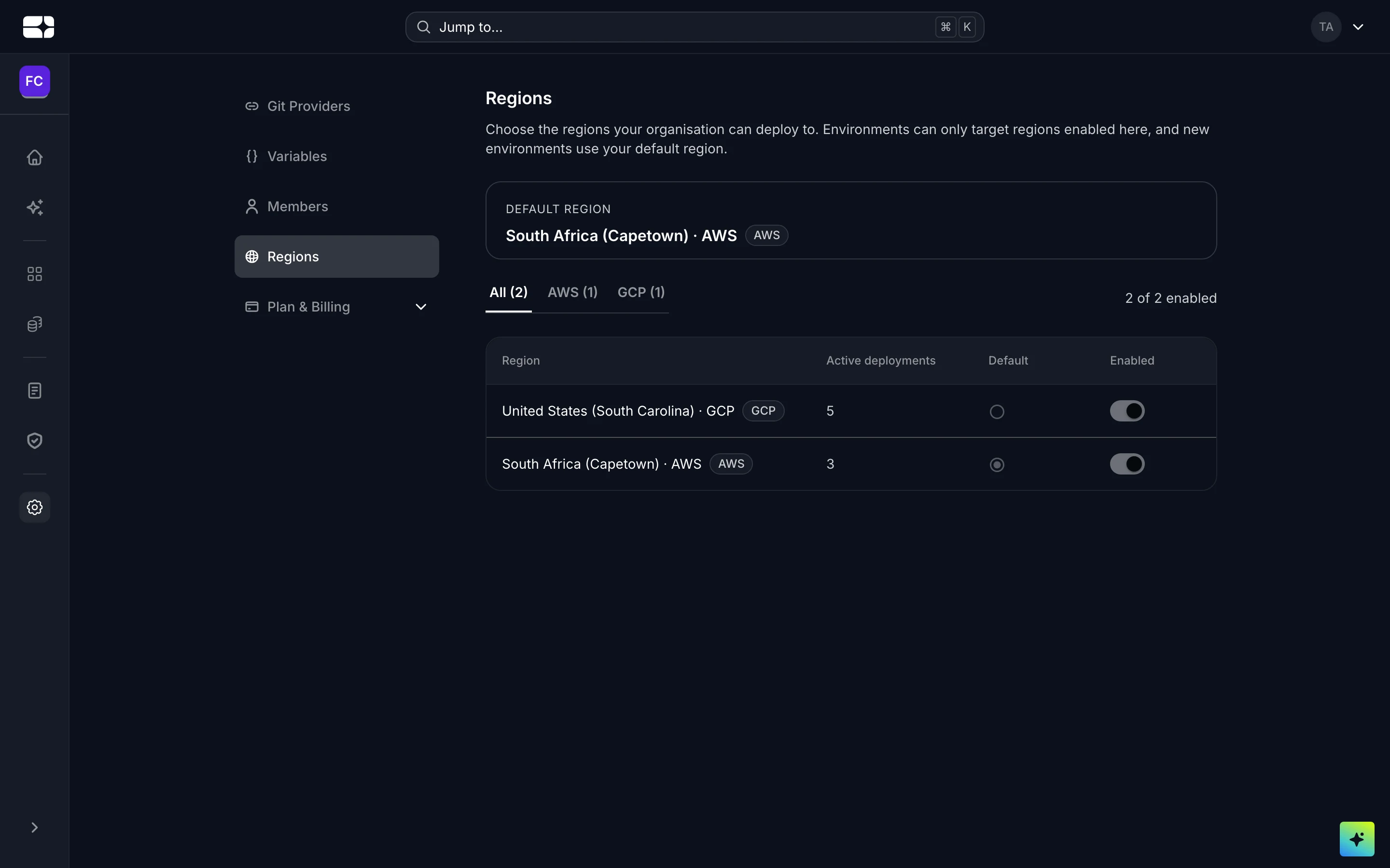 The Regions page listing available regions with their provider, active deployment count, default and enabled toggles.