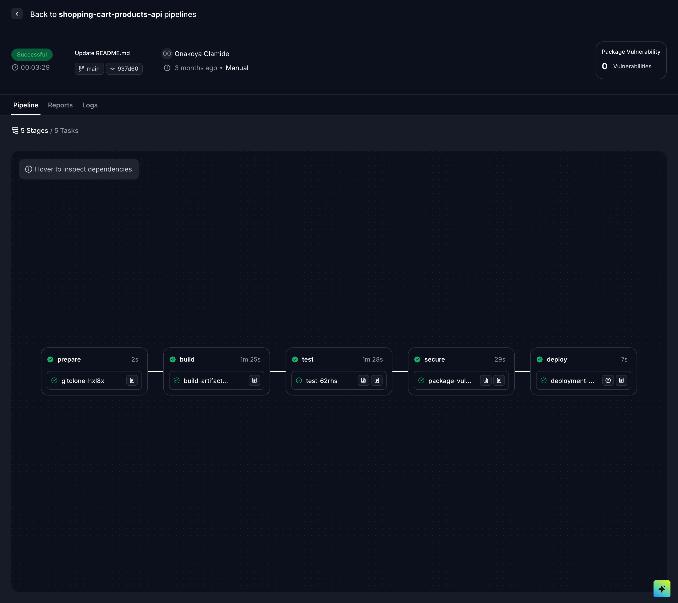 A pipeline run's detail view showing each stage and the dependency graph.