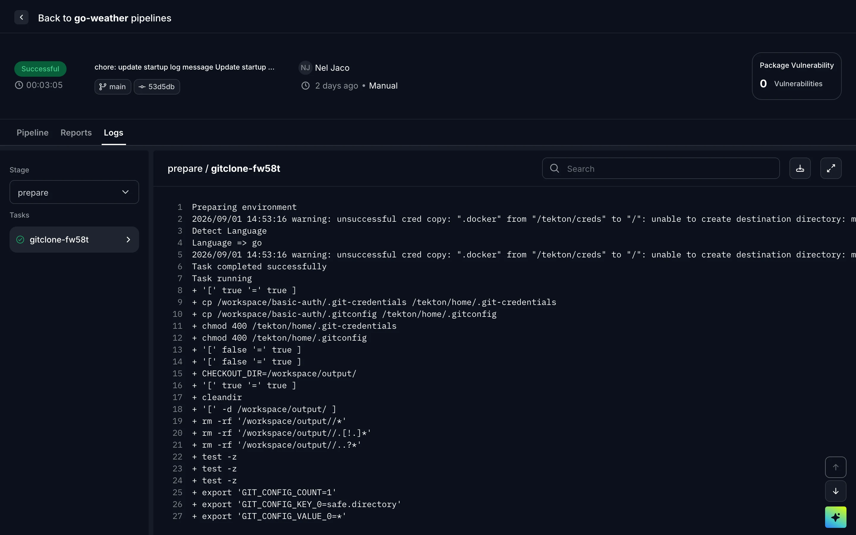 Pipeline logs with a stage and task selector beside the log output.