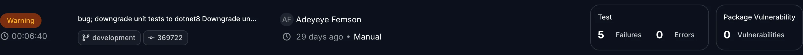 A pipeline run's summary bar with status, duration, commit, and test and vulnerability metrics.