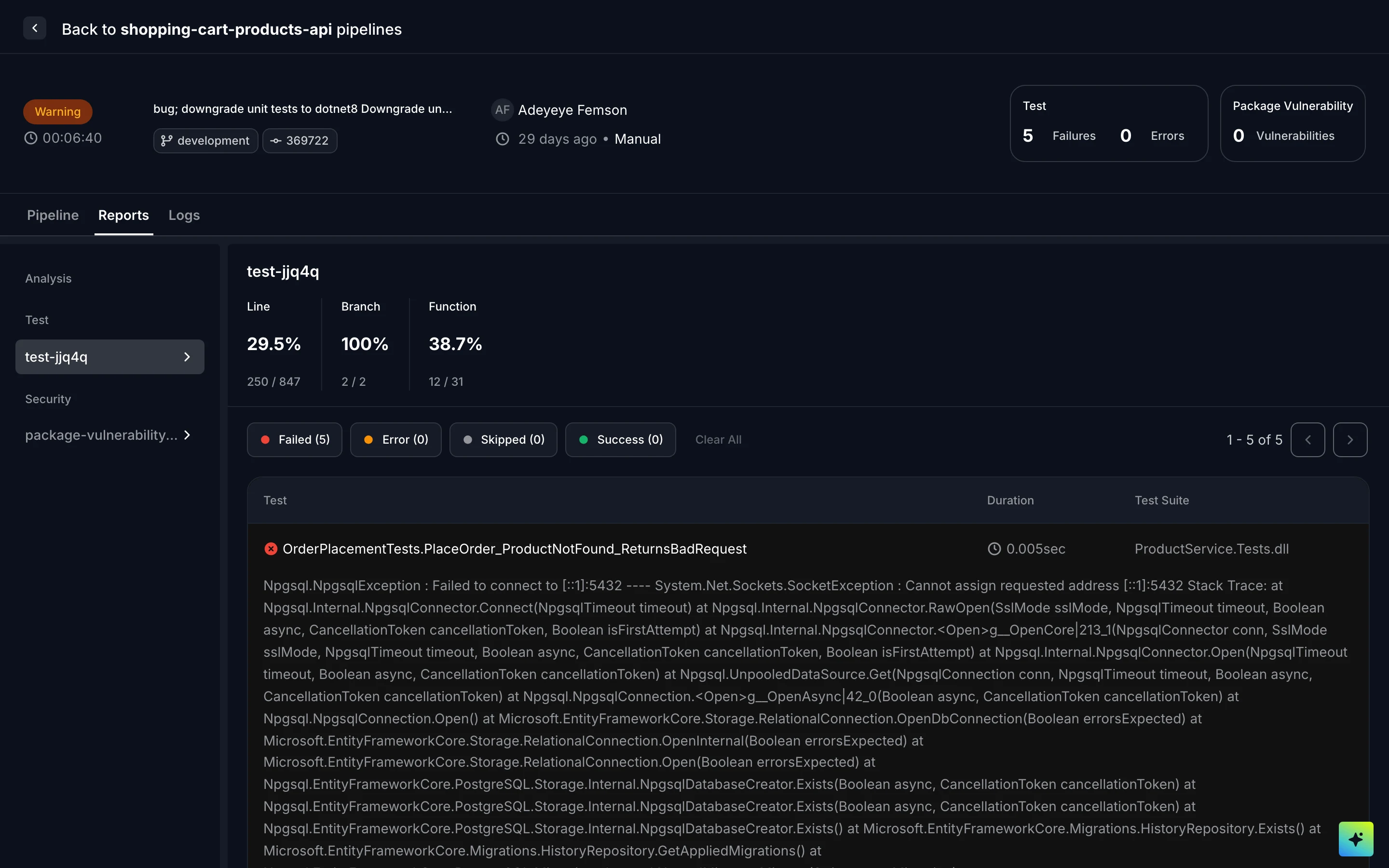 A unit test report showing pass rate, coverage and a failing test with its stack trace.