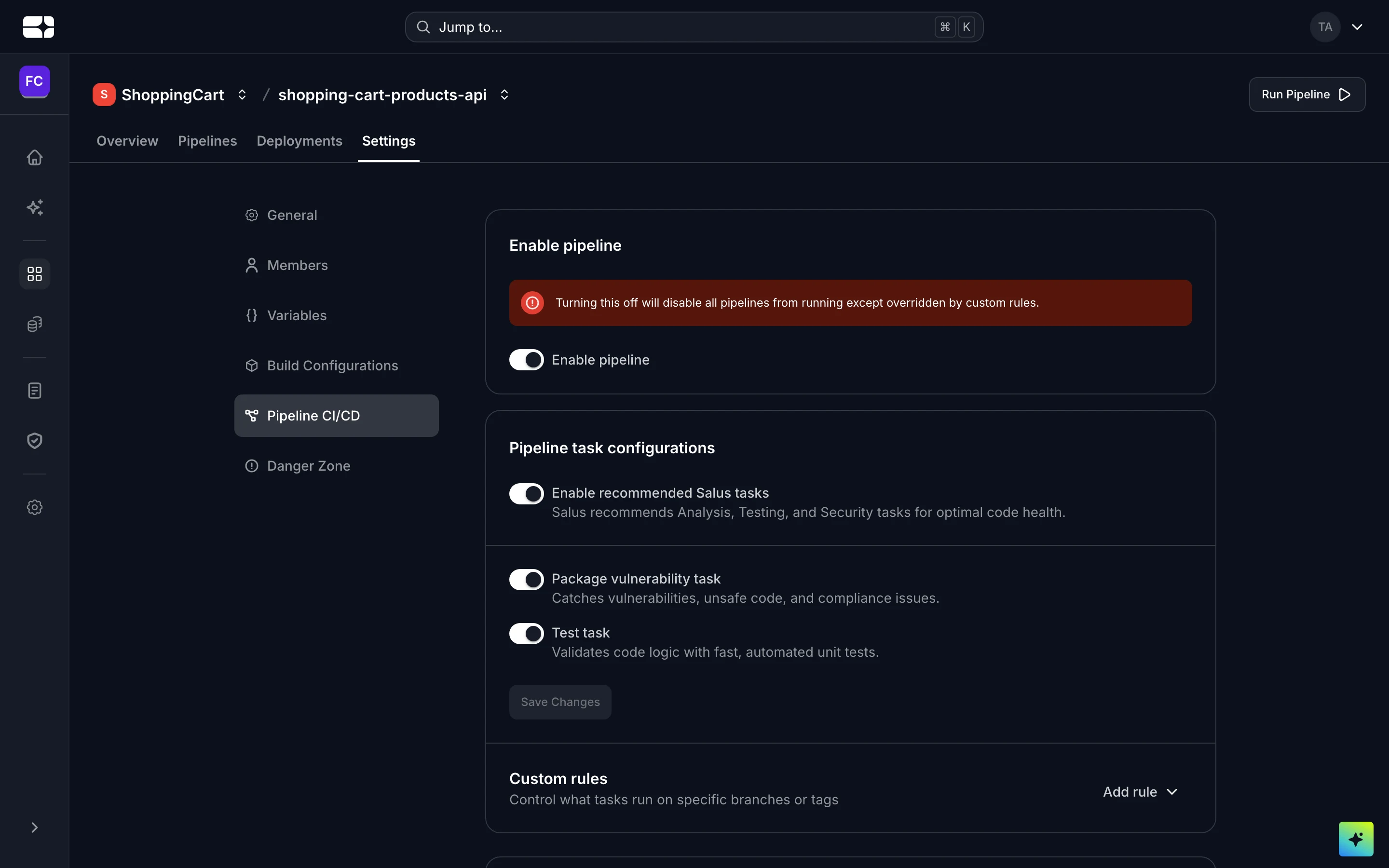 Pipeline CI/CD settings with task toggles for recommended tasks, vulnerability scanning and tests.