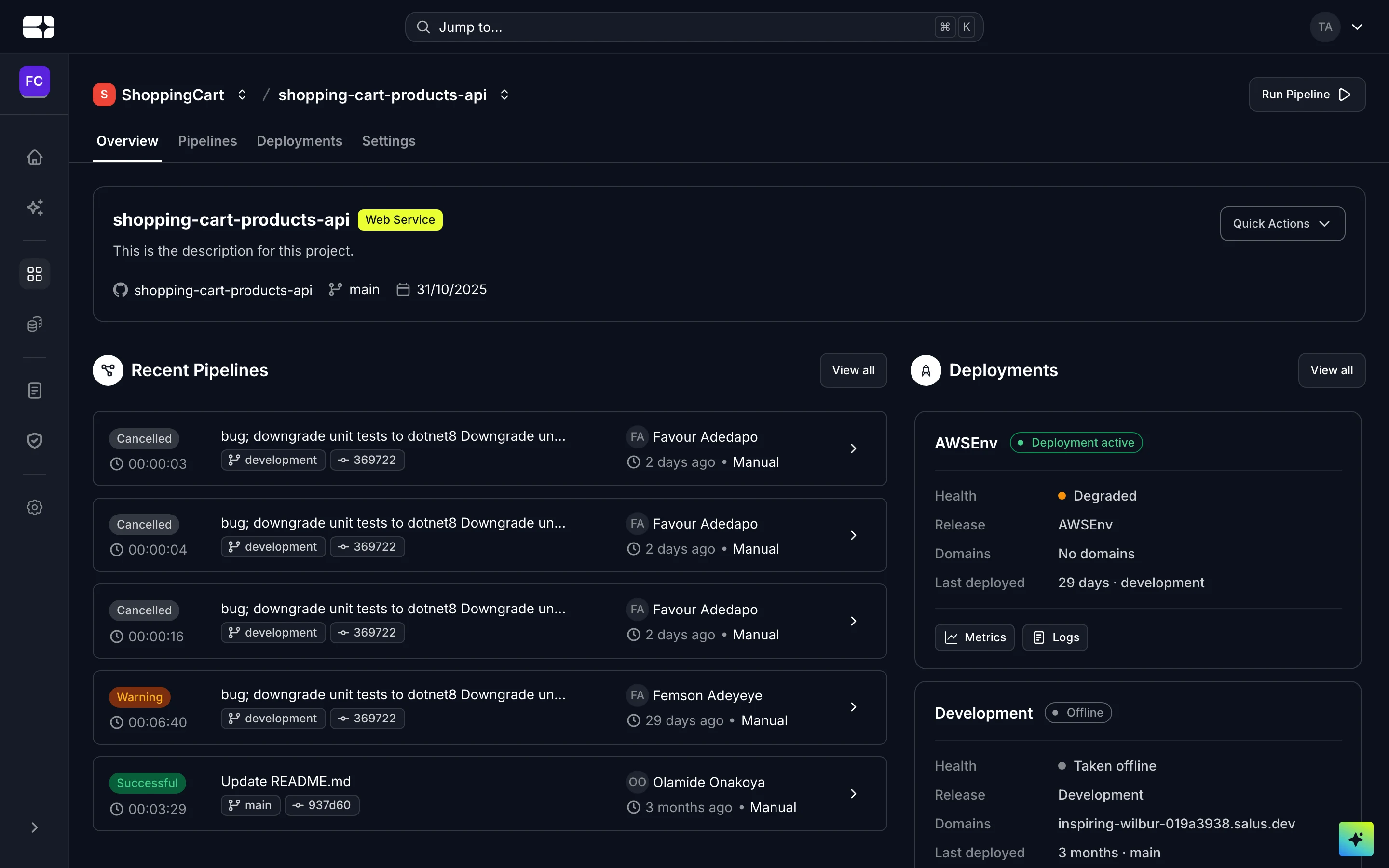 A project overview with recent pipelines and its deployments per environment.