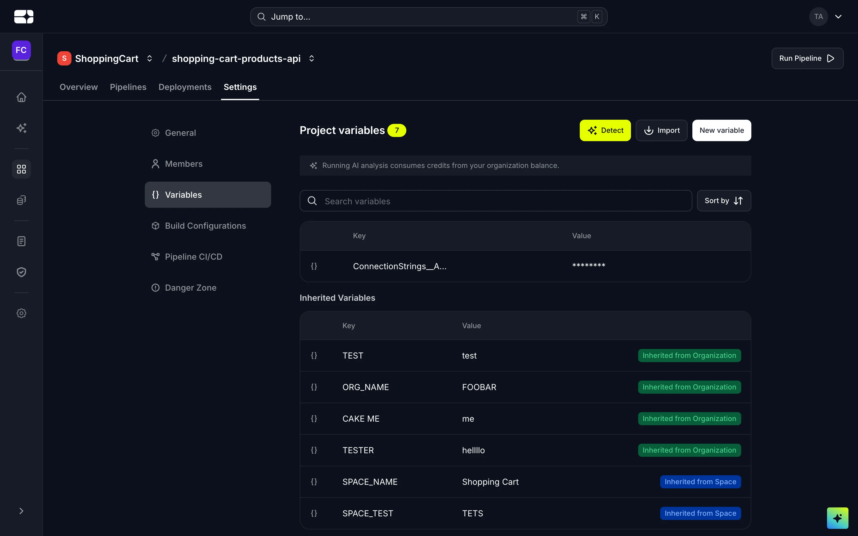 A project's variables, with a masked secret and variables inherited from the organization and workspace.